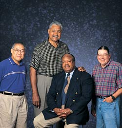 The Multicultural Alumni Partnership will present awards to (left to right) Frank Irigon, Ernie Dunston (president of the Breakfast Group), Bill Hilliard and Walt Hollow during UW Homecoming festivities. Award winner Gloria Rodriguez was not able to attend the photo session. Photo by Mary Levin.