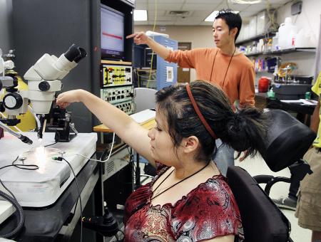 Image of a student using a microscope during a neurobiology lab.