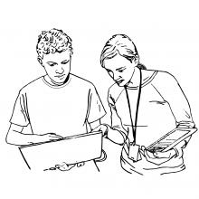 A student and an instructor looking at a laptop.