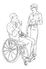 Person in a wheelchair talking to someone who is standing.