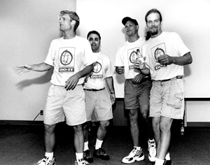 The Trenchcoats entertain and inspire the '98 DO-IT Scholars and Mentors. Picture of the Trenchcoats singing a capella for Summer Session participants.