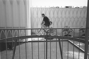 Abe on the pendulum bycycle at Pacific Science Center