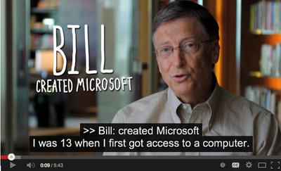 Code.org's inspirational video now features audio descriptions of text and images for those who are visually impaired. Images provided by Code.org. A video still of Bill Gates explaining how he first got into computing.