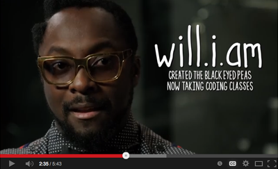 Code.org's inspirational video now features audio descriptions of text and images for those who are visually impaired. Images provided by Code.org. A video Will.i.am explaining that he is taking coding classes.