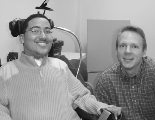 DO-IT Staff Scott Bellman visits with an AccessSTEM team member in Alaska. Picture of Scott and Alex