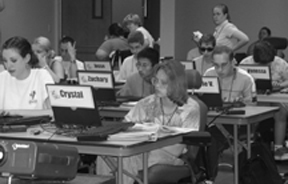 '03 Scholars create web pages during Summer Study 2003 Picture of Phase I DO-IT scholars working at computers