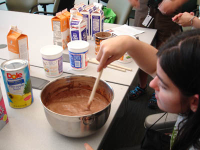 Picture of Jen stirring a bowl of what will become chocolate ice cream.