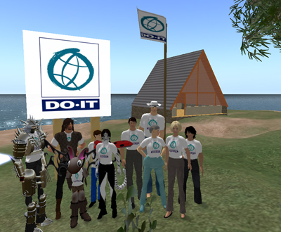 Participants of Second Life on DO-IT Island. Screen Shot of a group photo of particpants' avatars.