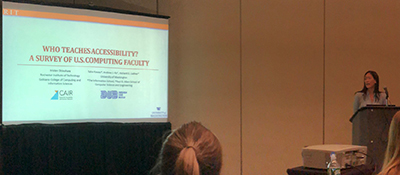 Kristen Shinohara presenting the paper on a survey of efforts to teach accessibility in computer science. Kristen Shinohara presenting the paper on a survey of efforts to teach accessibility in computer science.