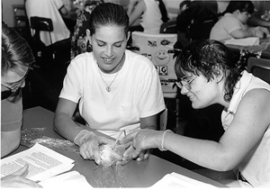 Photo of three students working together on a heart dissection in a biology workshop.