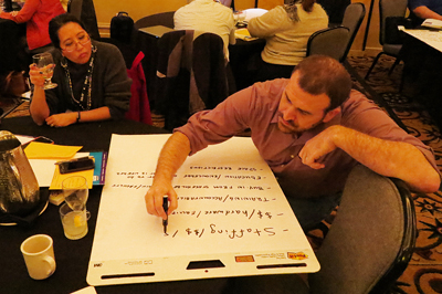 A participant writes down group ideas on a large easel at the Accessible IT CBI.