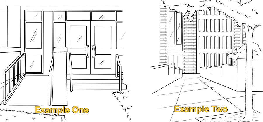 Two entrances examples: One that has stairs with a side ramp, and another that has one sloped entrance.