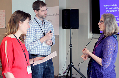 Three participants chat during the AccessEngineering capacity building institute. Three participants chat during the AccessEngineering capacity building institute.