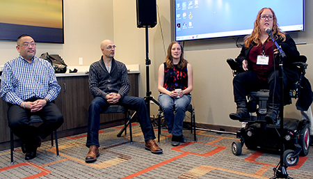Kayla Brown presents three panelists at the AccessEngineering capacity building institute. Kayla Brown presents three panelists at the AccessEngineering capacity building institute.