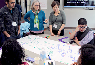 A group stands around a large post-it note brainstorming ideas at the AccessEngineering capacity building institute.