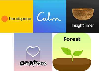 A variety of meditation and self-care apps recommended by DO-IT participants, including Headspace, Calm, InsightTimer, #SelfCare, and Forest.