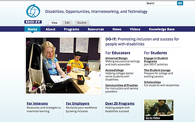 A screenshot of the front page of DO-IT's new website, featuring a photo of DO-IT's participants and resource links.