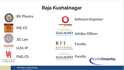 A slide from Raja's presentation showing his degrees and jobs.