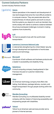 A list of current Industry Partners. To read about them, go to uw.edu/accesscomputing/about/industry-partners. A list of current Industry Partners. To read about them, go to uw.edu/accesscomputing/about/industry-partners.