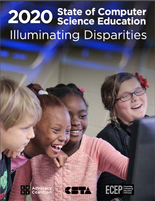 Flyer with four kids smiling around a computer. At the top it reads 2020 State of Computer Science Education Illuminating Disparities 