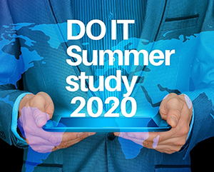 Man in blue suit holding tablet with holographic text above it saying DO IT Summer study 2020