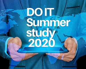 Man in blue suit holding tablet with holographic text above it saying DO IT Summer study 2020 Man in blue suit holding tablet with holographic text above it saying DO IT Summer study 2020