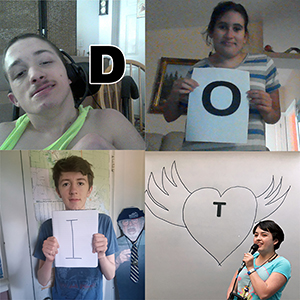 Dillen, Oksana, Finn, and Naomi hold up the letters D O I T.