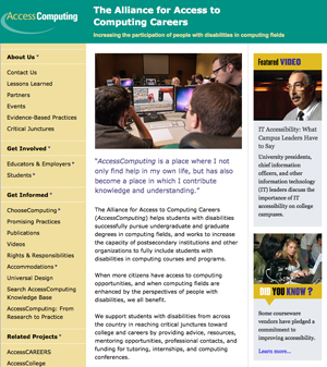 Screenshot of the new AccessComputing website front page Photo of a screenshot of the new AccessComputing website front page