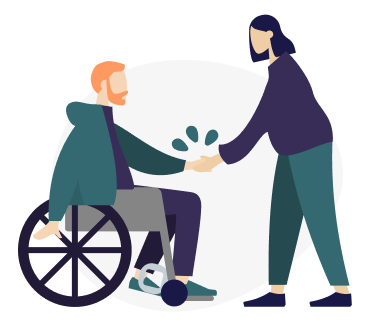 A person in a wheelchair shakes hands with someone standing