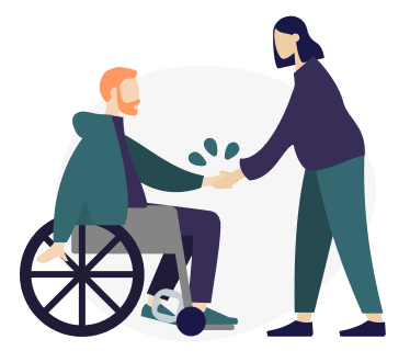 A person in a wheelchair shakes hands with someone standing A person in a wheelchair shakes hands with someone standing