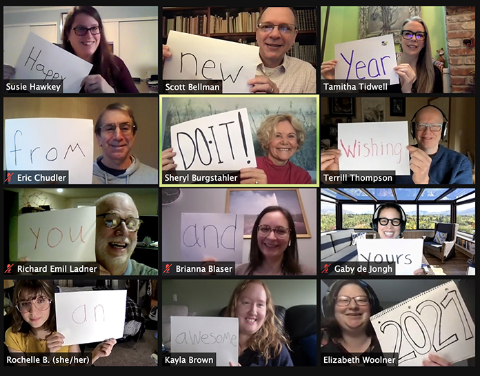 DO-IT Staff, Partners, and Students hold up signs saying "Happy New Year from DO-IT! Wishing You and Yours an Awesome 2021.