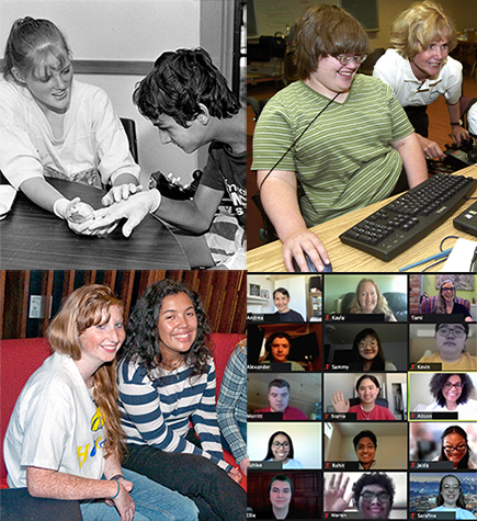 Four photos from throughout DO-IT history: a 2015 dissection workshop, a 2004 computing class, 2010 Scholars hanging out in the dorms, and 2021 Scholars and staff meeting over Zoom.