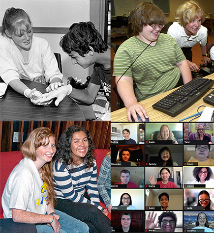 Four photos from throughout DO-IT history: a 2015 dissection workshop, a 2004 computing class, 2010 Scholars hanging out in the dorms, and 2021 Scholars and staff meeting over Zoom. Four photos from throughout DO-IT history: a 2015 dissection workshop, a 2004 computing class, 2010 Scholars hanging out in the dorms, and 2021 Scholars and staff meeting over Zoom.