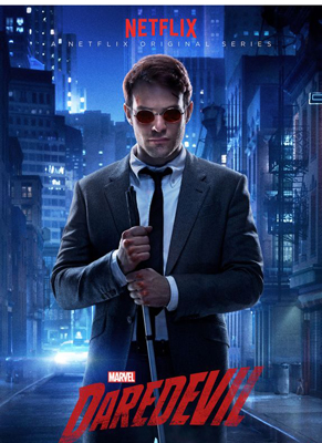 A profile of Matt Murdock (Daredevil) with his white cane in hand and the city behind him.