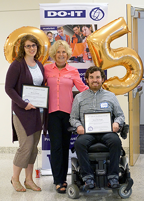 Sheryl Burgstahler congratulates Trailblazer recipients Krista and Sean at DO-IT’s 25th anniversary celebration.