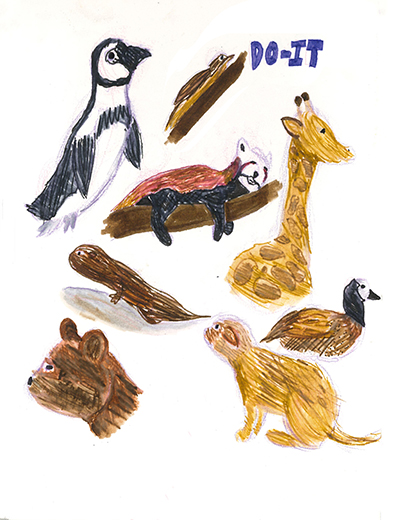 Students drawings of zoo animals.