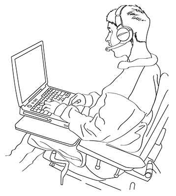 A student in a wheelchair uses a laptop and a headset A student in a wheelchair uses a laptop and a headset