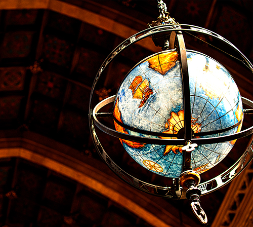 An older globe hanging in Suzallo library.