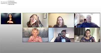 A moderator and five panelists in Zoom windows discuss inclusion.