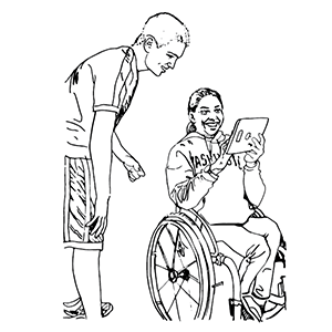 A student shows another student something on an iPad. A student shows another student something on an iPad.