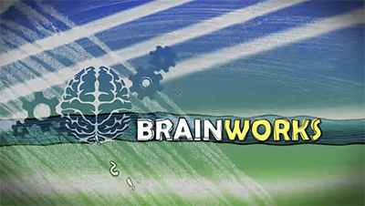 The title screen for the Brainworks show featuring a brain and gears.