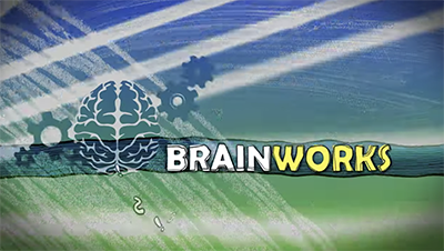 The title screen for the Brainworks show featuring a brain and gears. The title screen for the Brainworks show featuring a brain and gears.