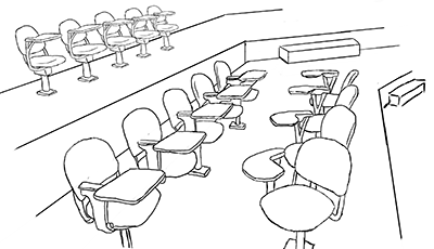 Chairs that swivel to face each other or the front in a classroom.