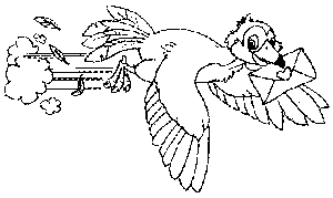 Black and white illustration of bird with love letter in its mouth