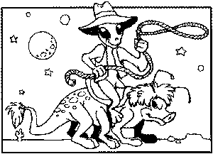 Black and white illustration of an alien in a cowboy clothes, riding a four-legged alien