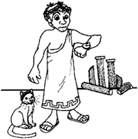 Ancient Greek in a toga with a cat next to him Black and white illustration of an ancient Greek in a toga with a cat next to him