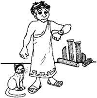 Black and white illustration of an ancient Greek in a toga with a cat next to him