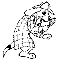Black and white illustration of a dog dressed in private dective outfit