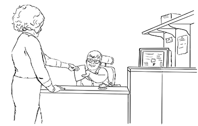 Line drawing of an accessible front desk in the do-it office