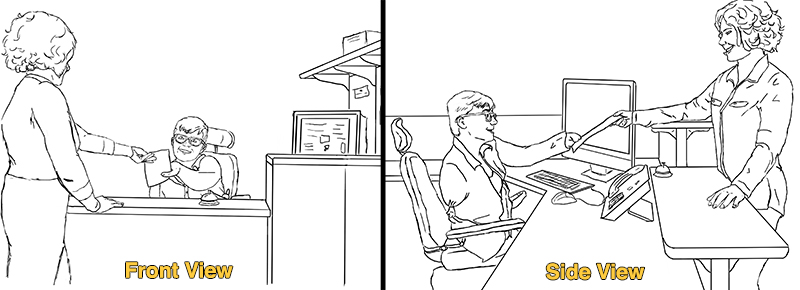 Two views of an accessibly designed reception desk. Two views of an accessibly designed reception desk.